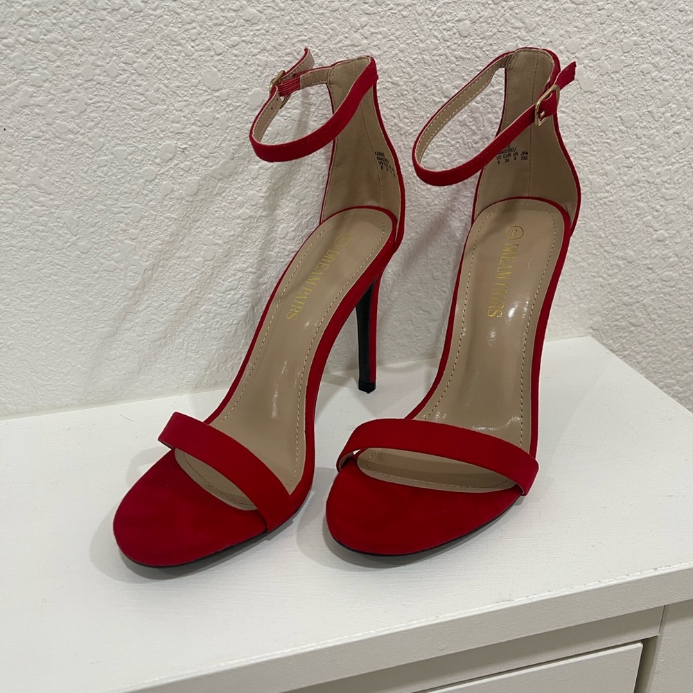 Red High Ankle Strap Heel Sandals with Stiletto Design